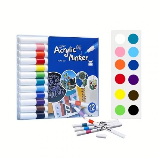 Acrylic markers,12 colors, quick-drying, with a rubber grip, suitable for all surfaces.